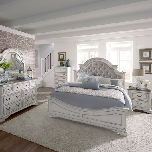 King Uph Bed, Dresser & Mirror, Chest, Night Stand