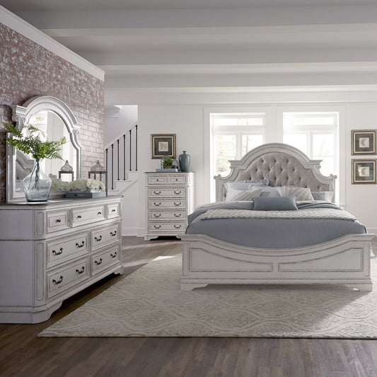 King California Upholstered Bed, Dresser & Mirror, Chest