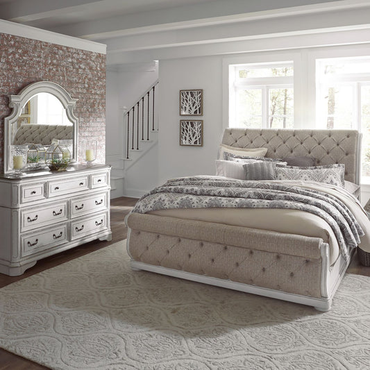 King Uph Sleigh Bed, Dresser & Mirror