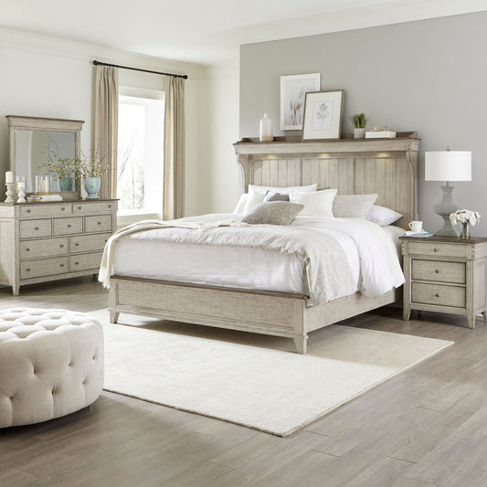 Queen Mantle Bed, Dresser & Mirror, Night Stand