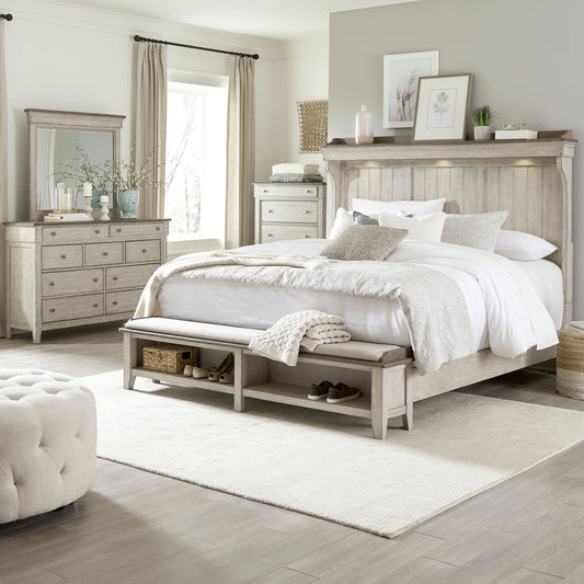 Queen Mantle Storage Bed, Dresser & Mirror, Chest