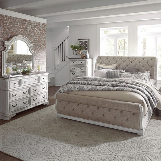 King California Upholstered Sleigh Bed, Dresser & Mirror, Chest