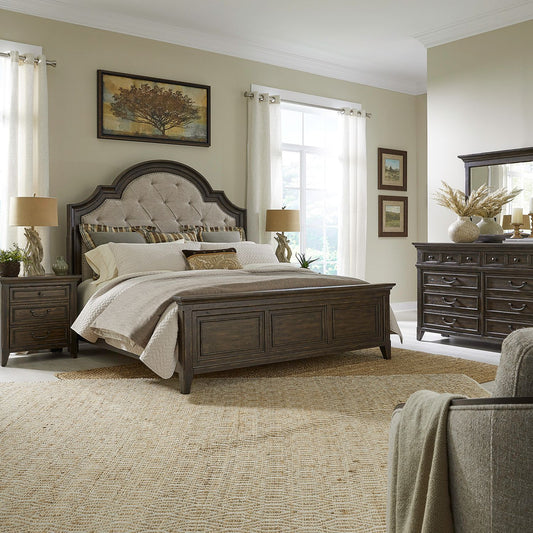 King Uph Bed, Dresser & Mirror, Night Stand