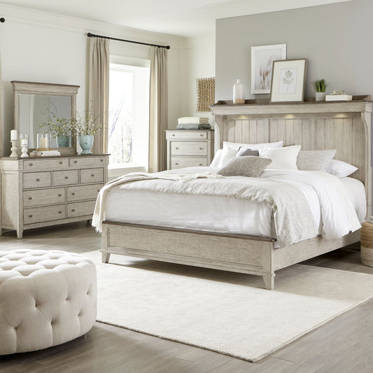 King California Mantle Bed, Dresser & Mirror, Chest