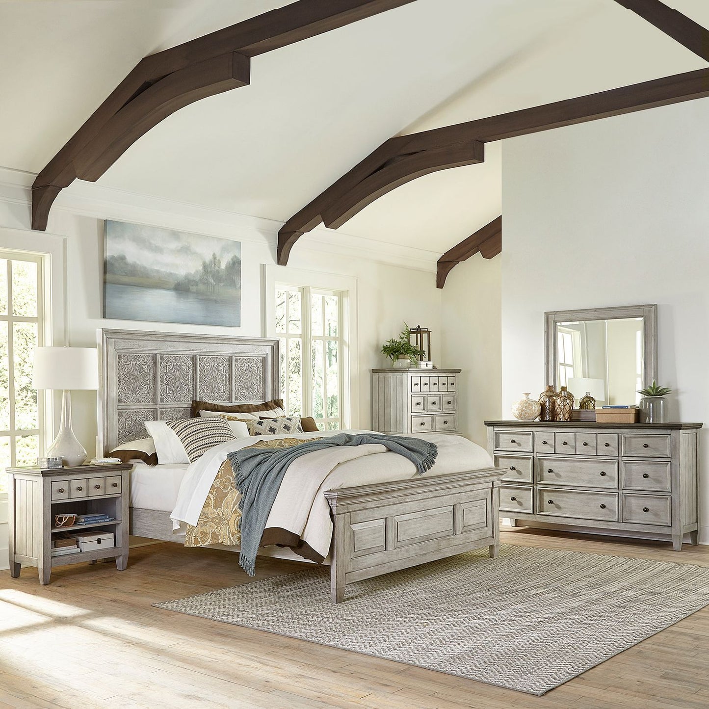 King Opt Panel Bed, Dresser & Mirror, Chest, Night Stand