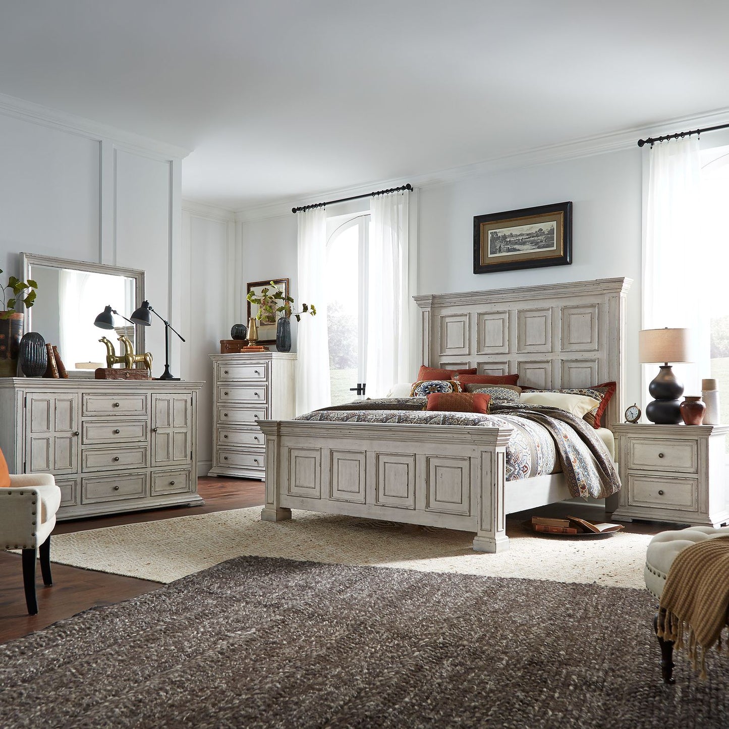 King Panel Bed, Dresser & Mirror, Chest, Night Stand