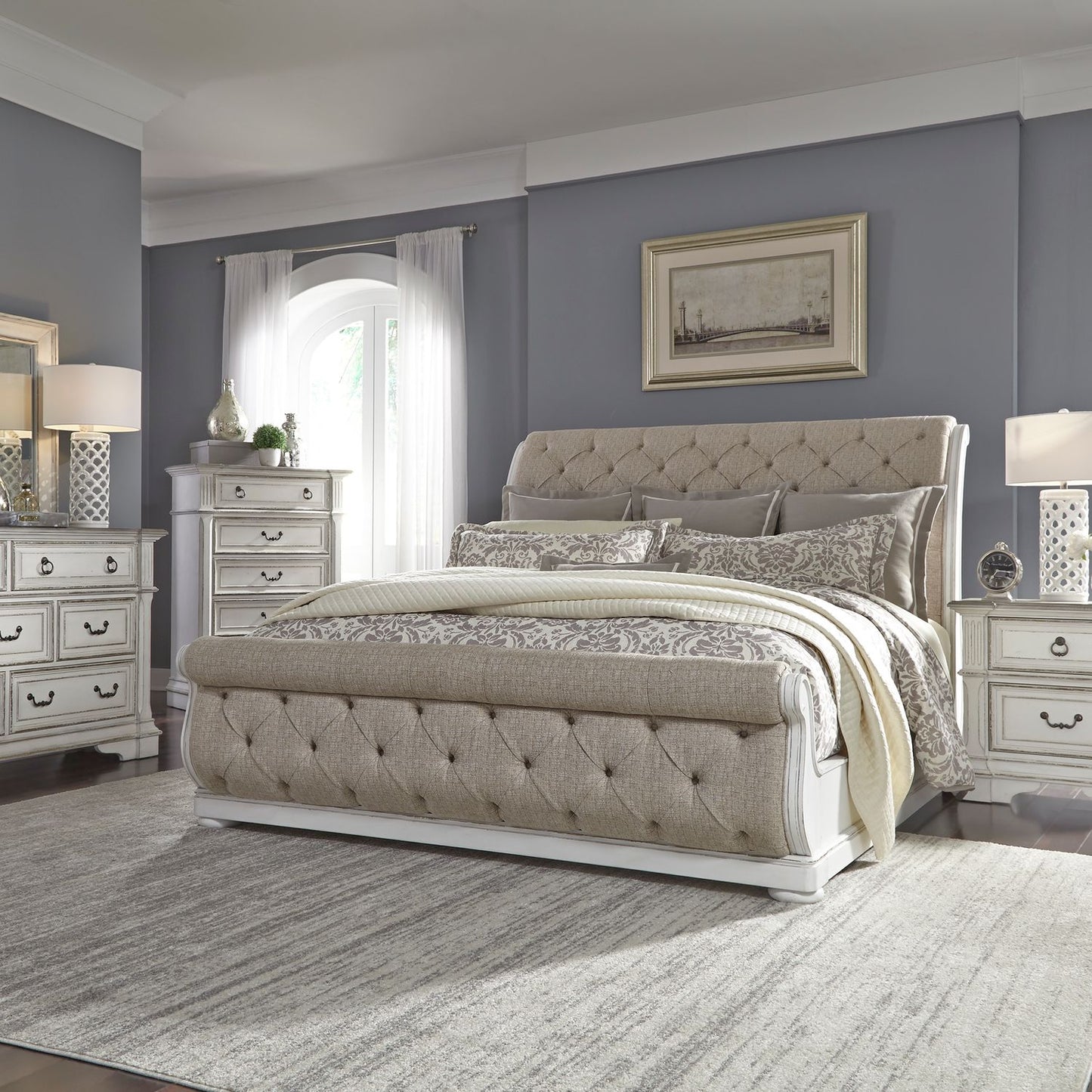 King Uph Sleigh Bed, Dresser & Mirror, Chest, Night Stand