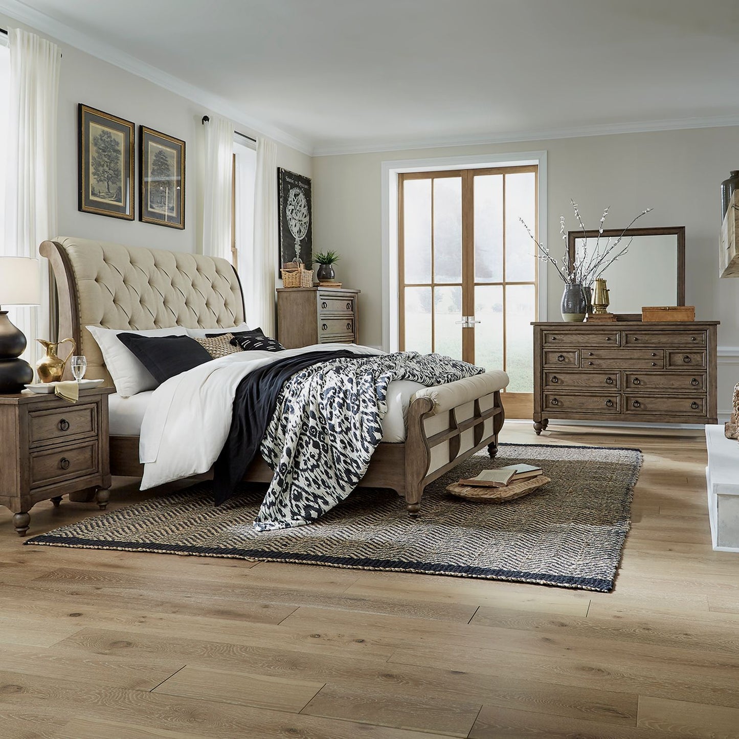 King Sleigh Bed, Dresser & Mirror, Chest, Night Stand