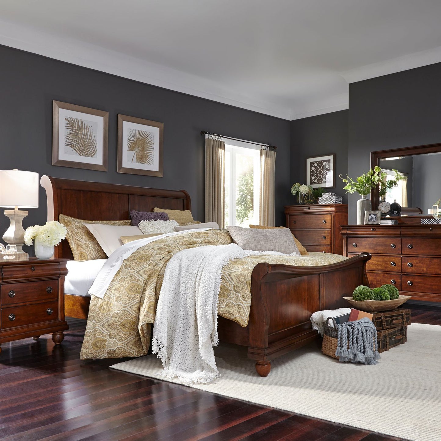 Queen Sleigh Bed, Dresser & Mirror, Chest, Night Stand