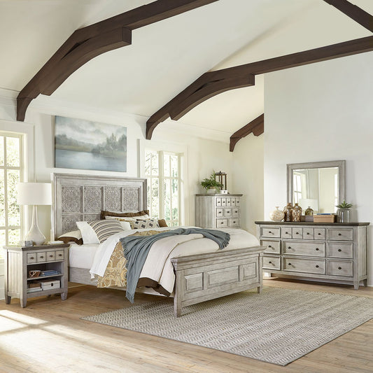 King Opt California Panel Bed, Dresser & Mirror, Chest, Night Stand