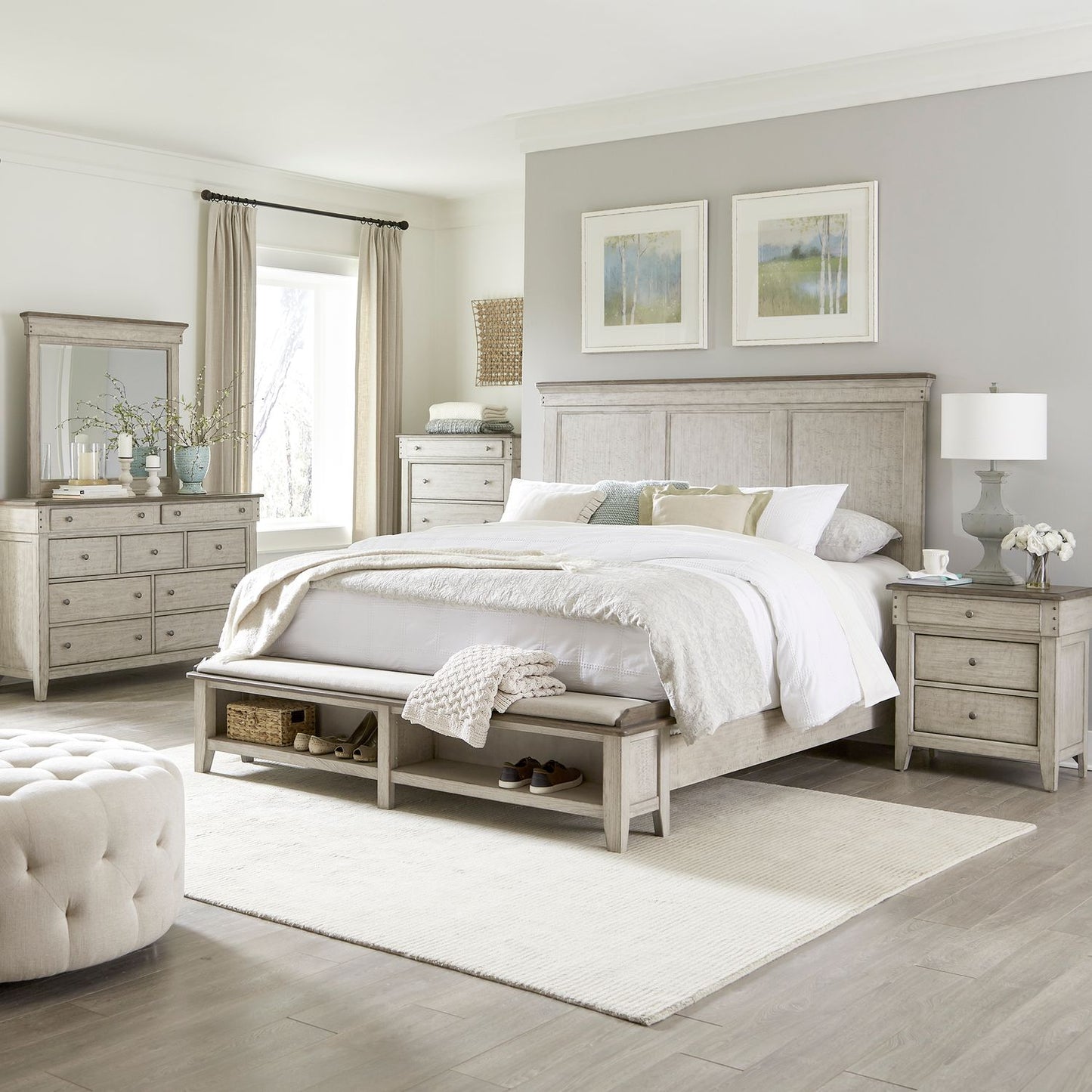 King Storage Bed, Dresser & Mirror, Chest, Night Stand