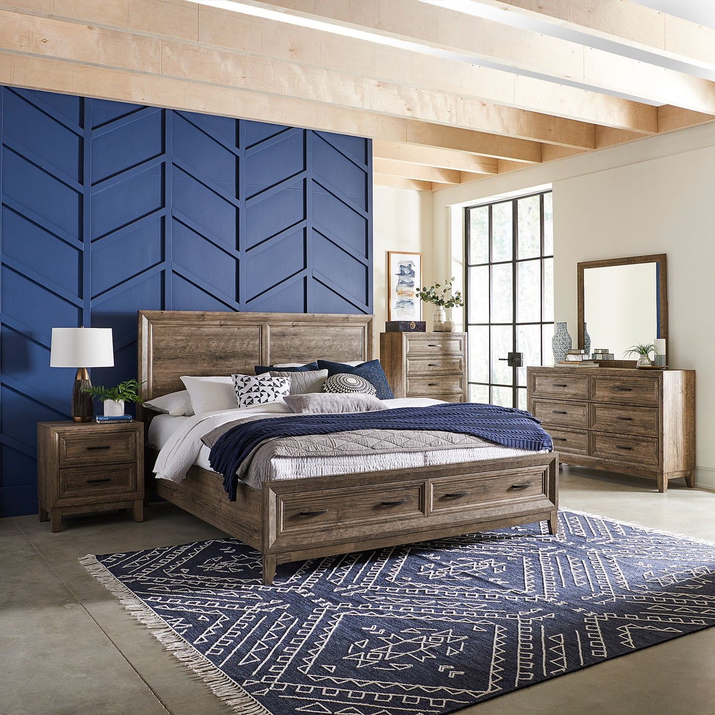 King Storage Bed, Dresser & Mirror, Chest, Night Stand