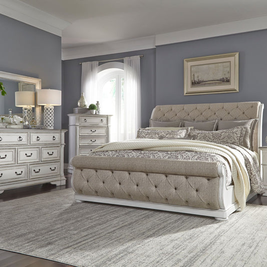 Queen Uph Sleigh Bed, Dresser & Mirror, Chest