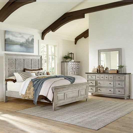 King Opt California Panel Bed, Dresser & Mirror, Chest