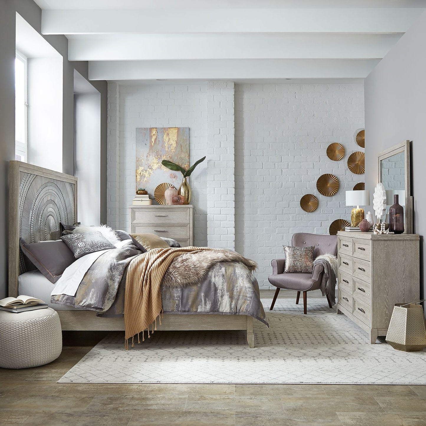 King Panel Bed, Dresser & Mirror, Chest
