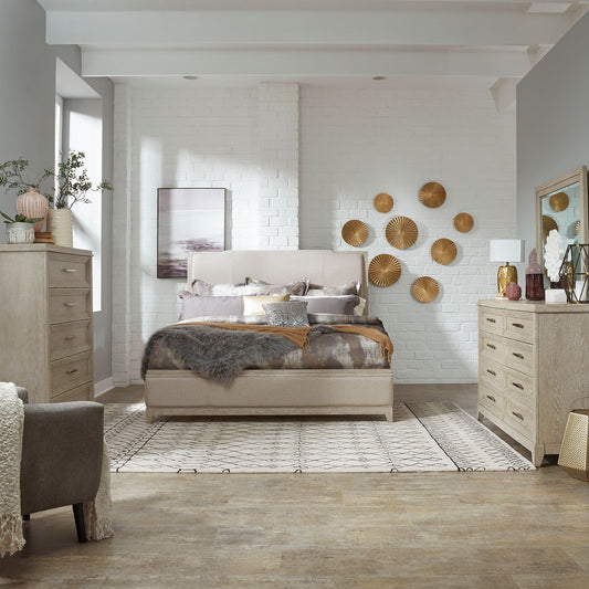 King California Upholstered Bed, Dresser & Mirror, Chest