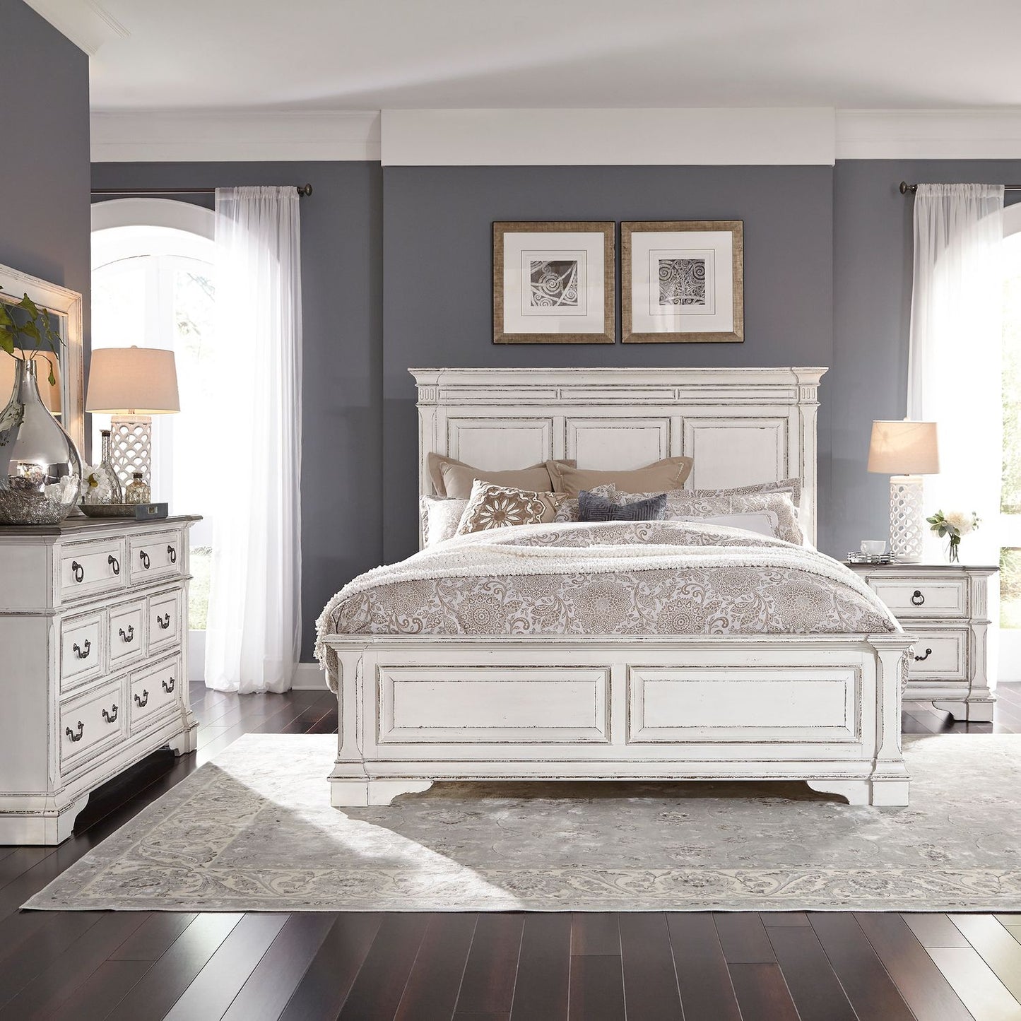 King Panel Bed, Dresser & Mirror, Night Stand