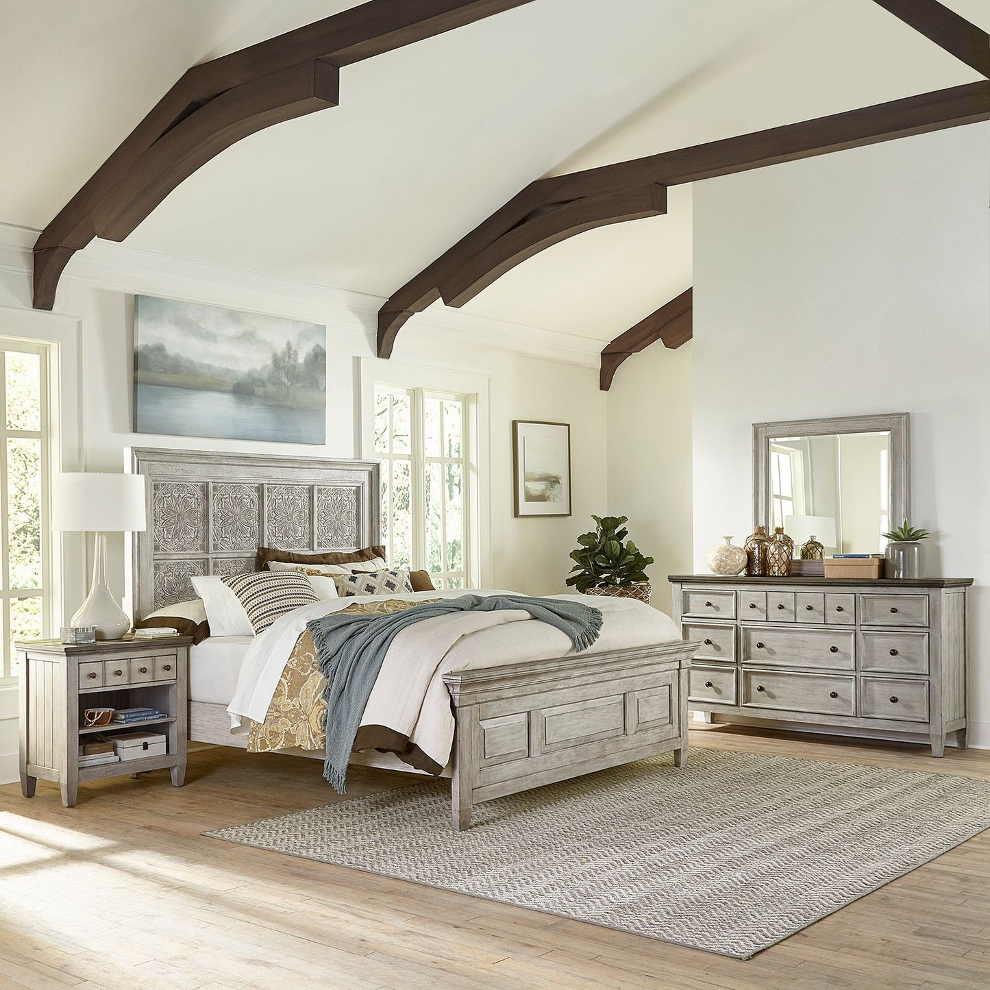 King Opt California Panel Bed, Dresser & Mirror, Night Stand