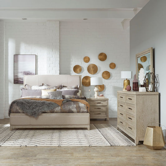 King California Upholstered Bed, Dresser & Mirror, Night Stand