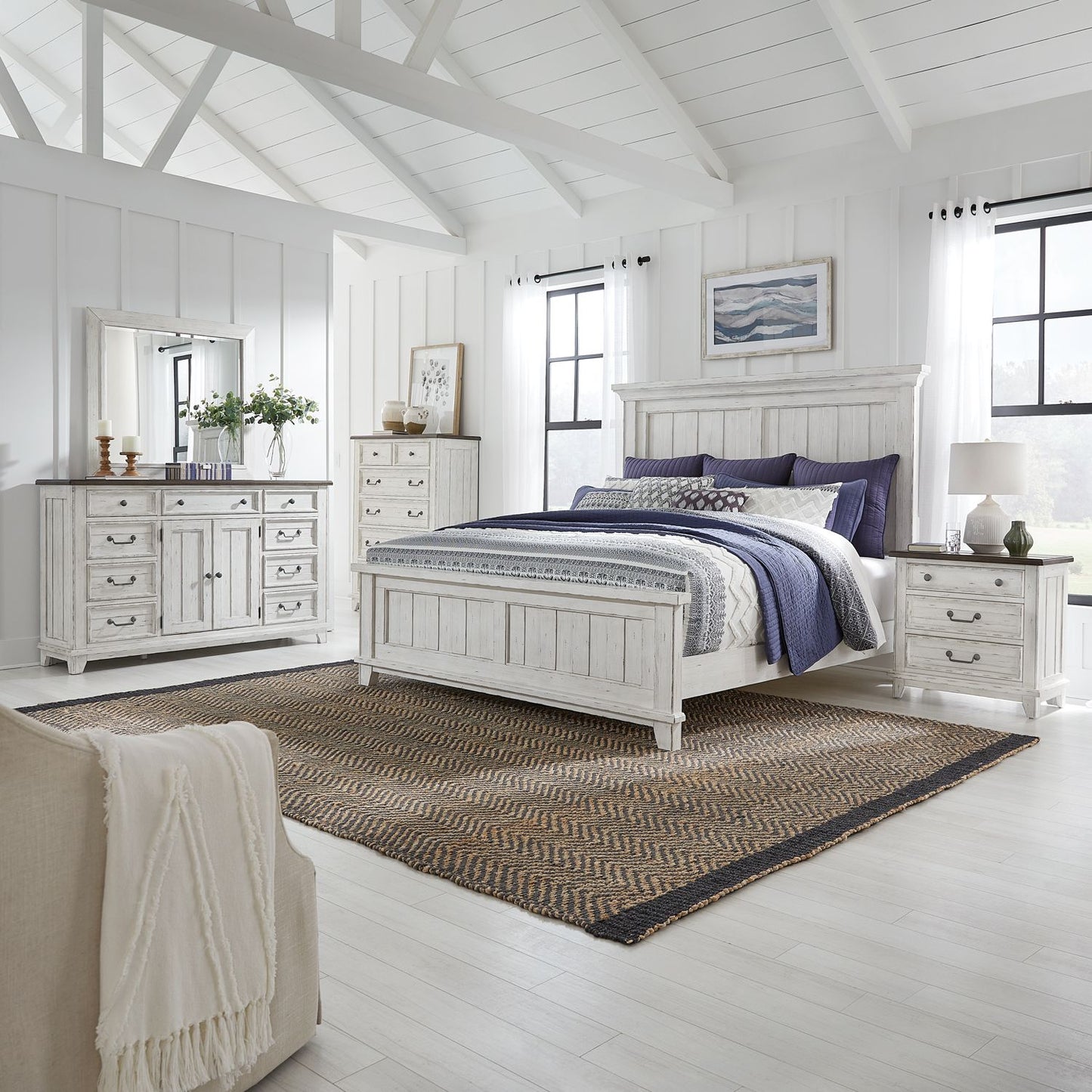 King Panel Bed, Dresser & Mirror, Chest, Night Stand