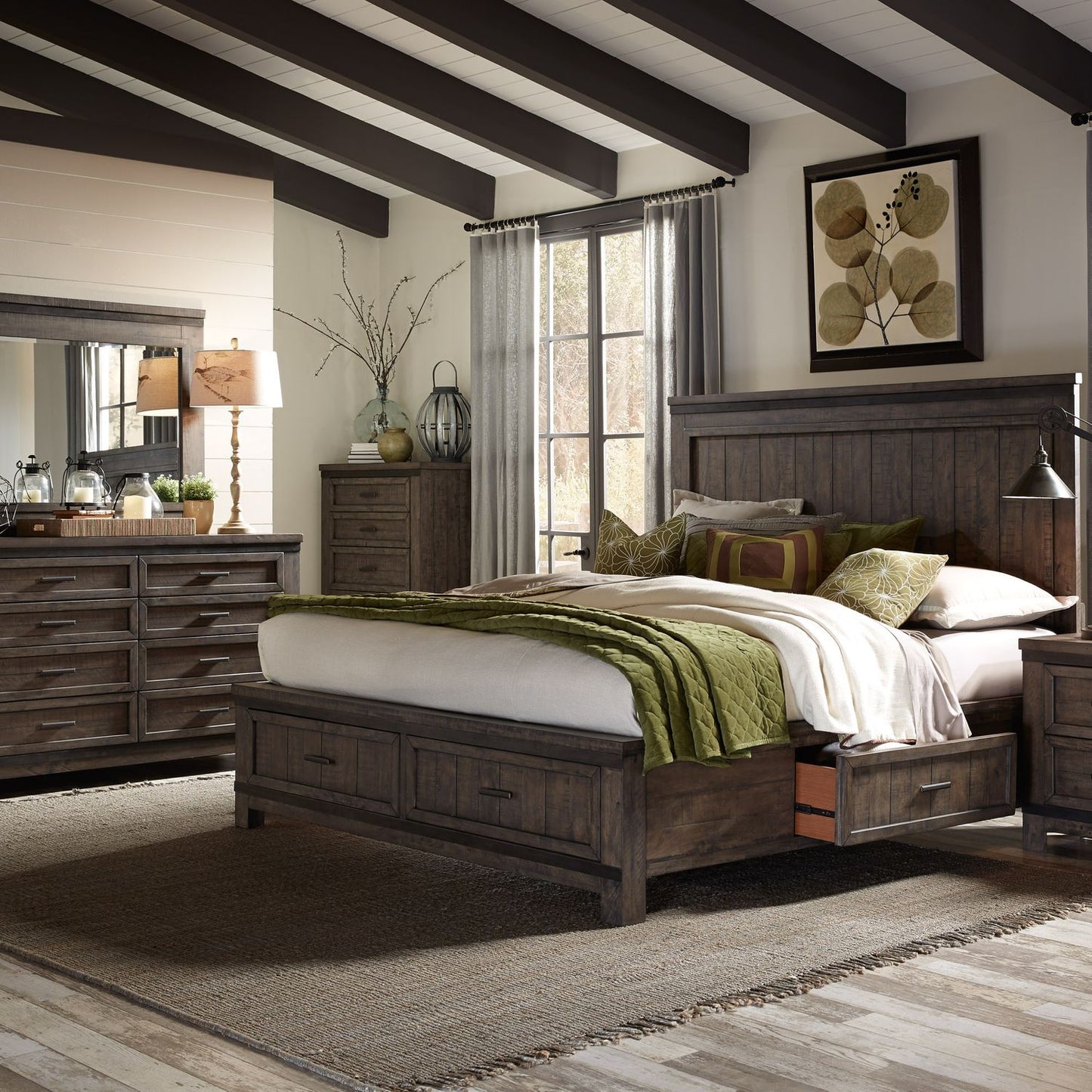 Queen Two Sided Storage Bed, Dresser & Mirror, Chest