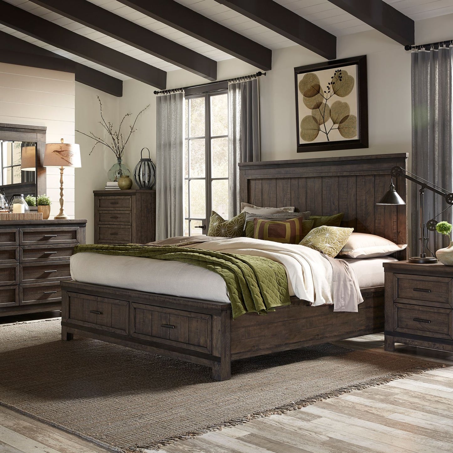 King Two Sided Storage Bed, Dresser & Mirror, Night Stand