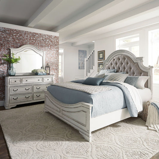 King California Upholstered Bed, Dresser & Mirror