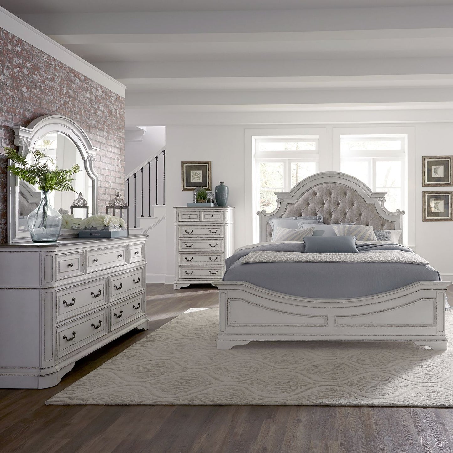 King Uph Bed, Dresser & Mirror, Chest