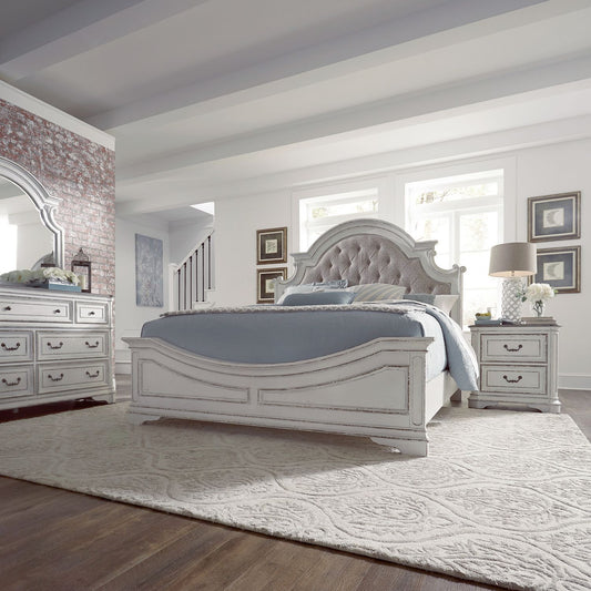 King Uph Bed, Dresser & Mirror, Night Stand