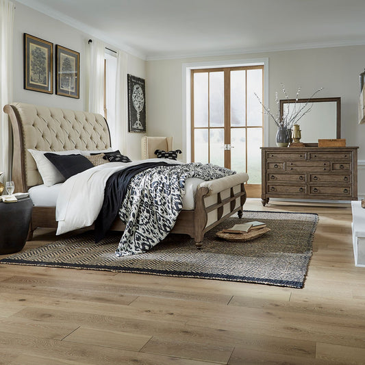 Queen Sleigh Bed, Dresser & Mirror