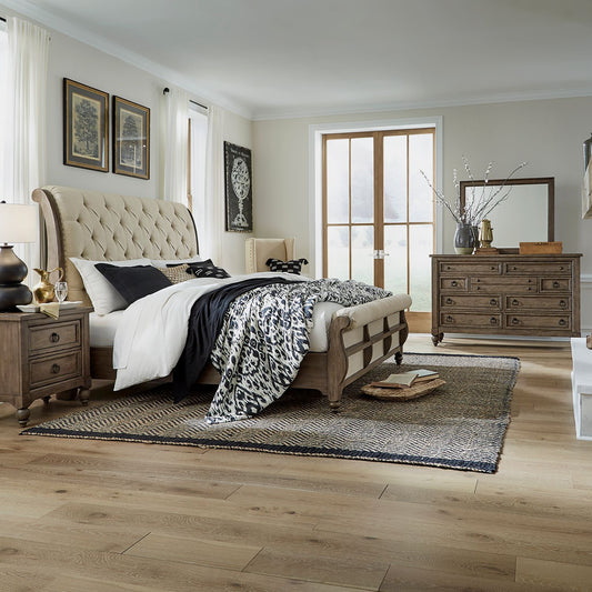 King Sleigh Bed, Dresser & Mirror, Night Stand