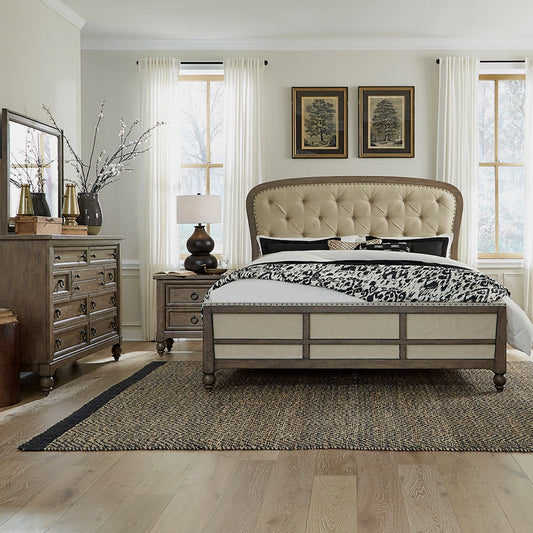 King Shelter Bed, Dresser & Mirror, Night Stand