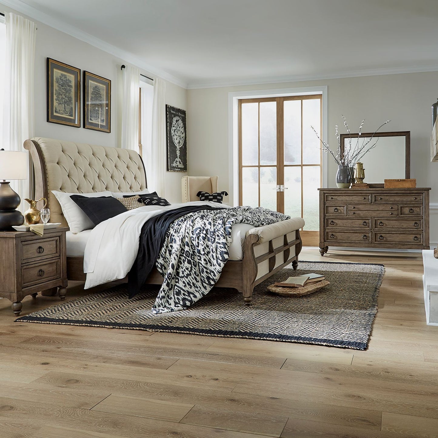 Queen Sleigh Bed, Dresser & Mirror, Night Stand