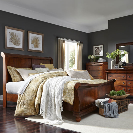 King Sleigh Bed, Dresser & Mirror, Chest
