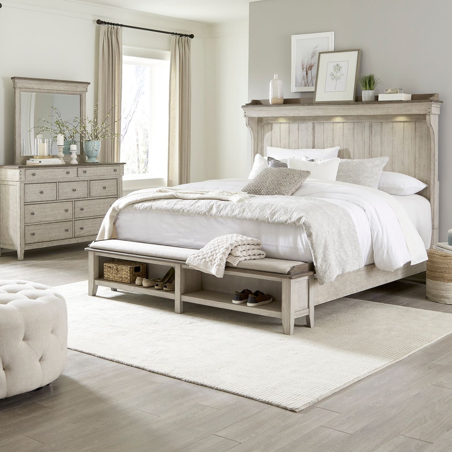 Queen Mantle Storage Bed, Dresser & Mirror