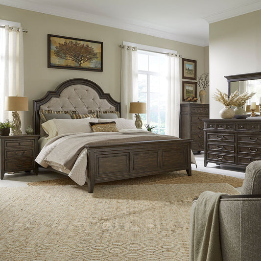 Queen Uph Bed, Dresser & Mirror, Chest, Night Stand