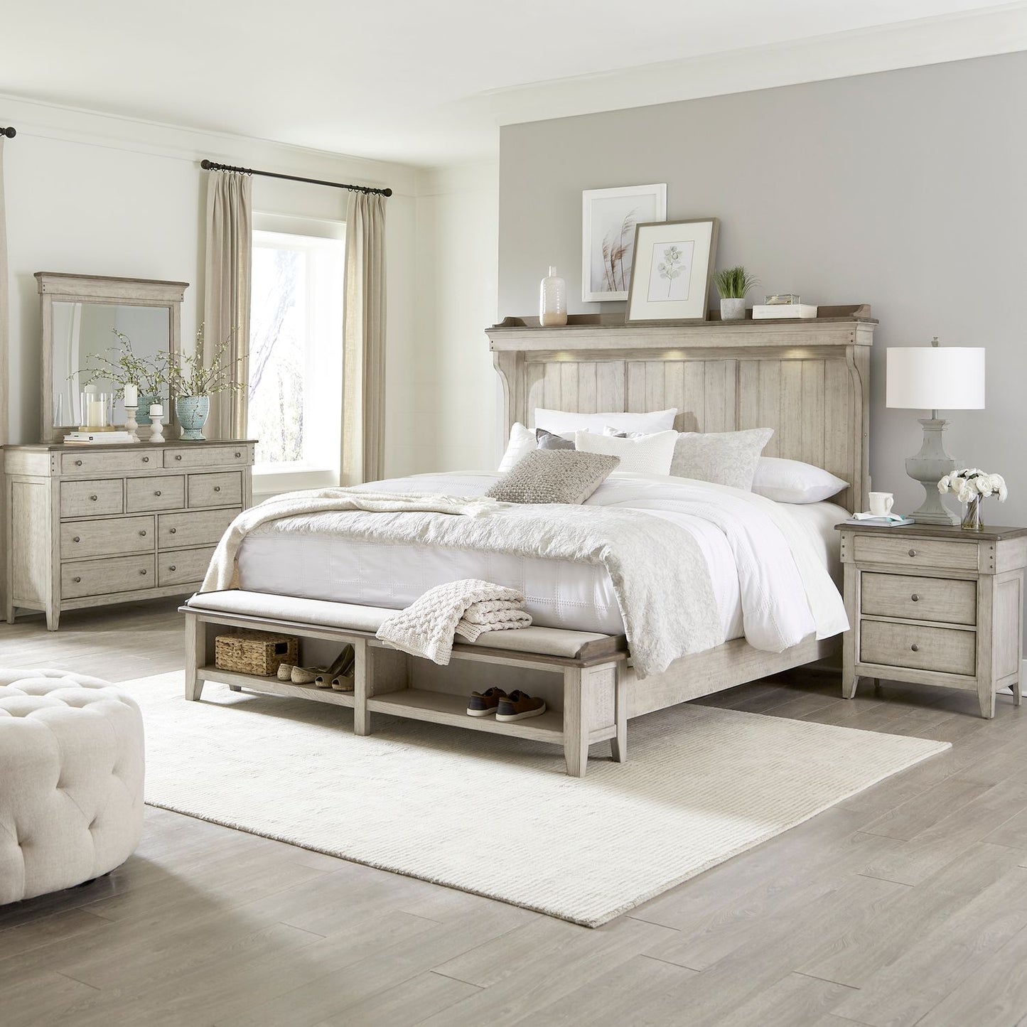 King Mantle Storage Bed, Dresser & Mirror, Night Stand