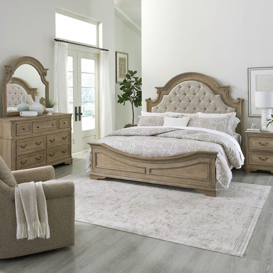Queen Uph Bed, Dresser & Mirror, Night Stand