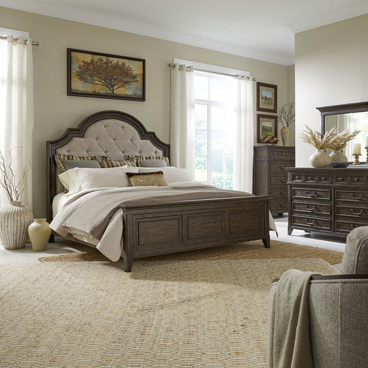 King Uph Bed, Dresser & Mirror, Chest