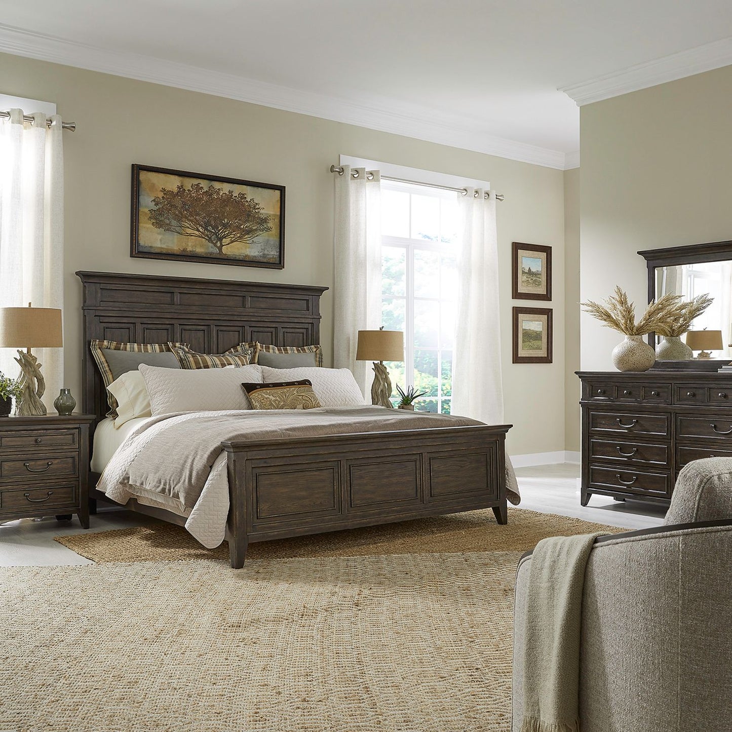 King Panel Bed, Dresser & Mirror, Night Stand