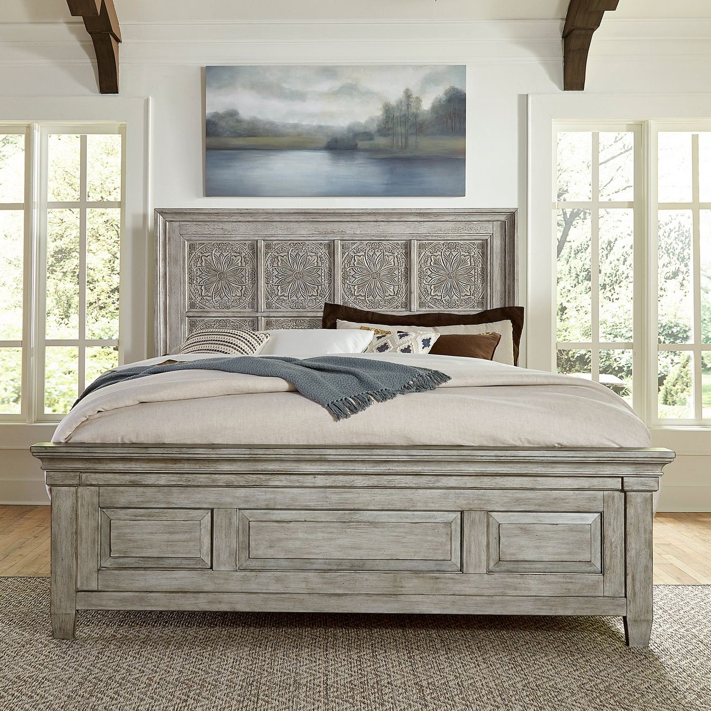 King Opt California Panel Bed, Dresser & Mirror, Chest, Night Stand