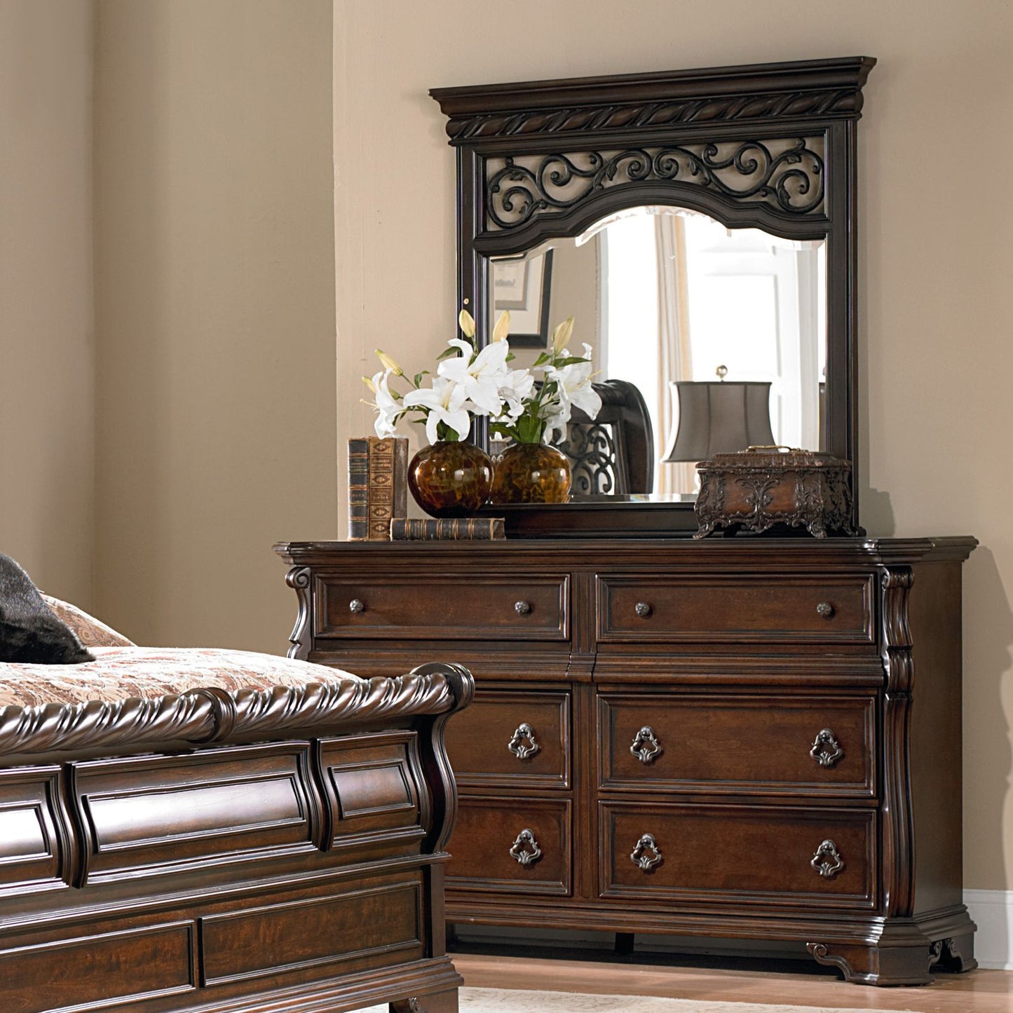 Queen Sleigh Bed, Dresser & Mirror, Chest