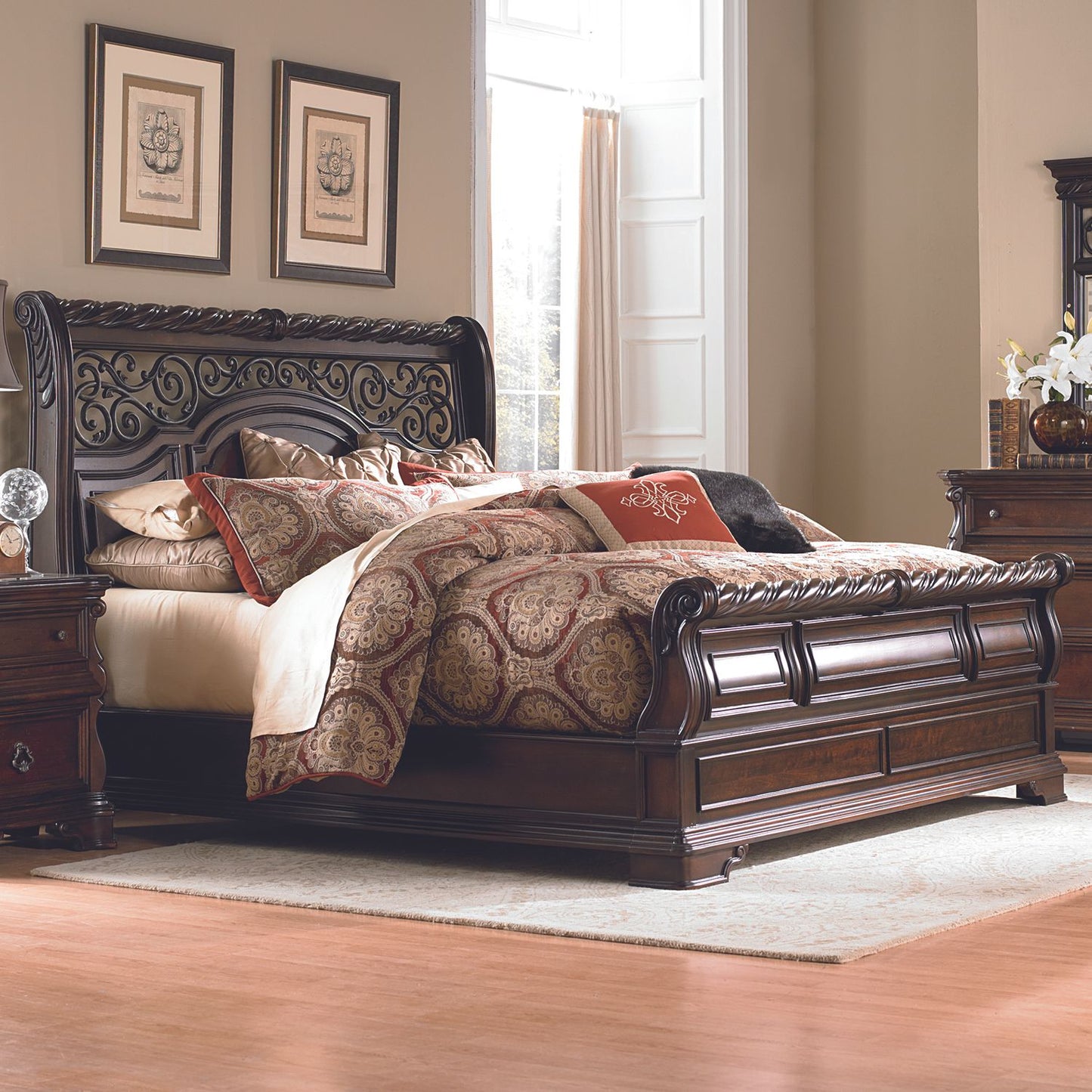 Queen Sleigh Bed, Dresser & Mirror, Chest, Night Stand