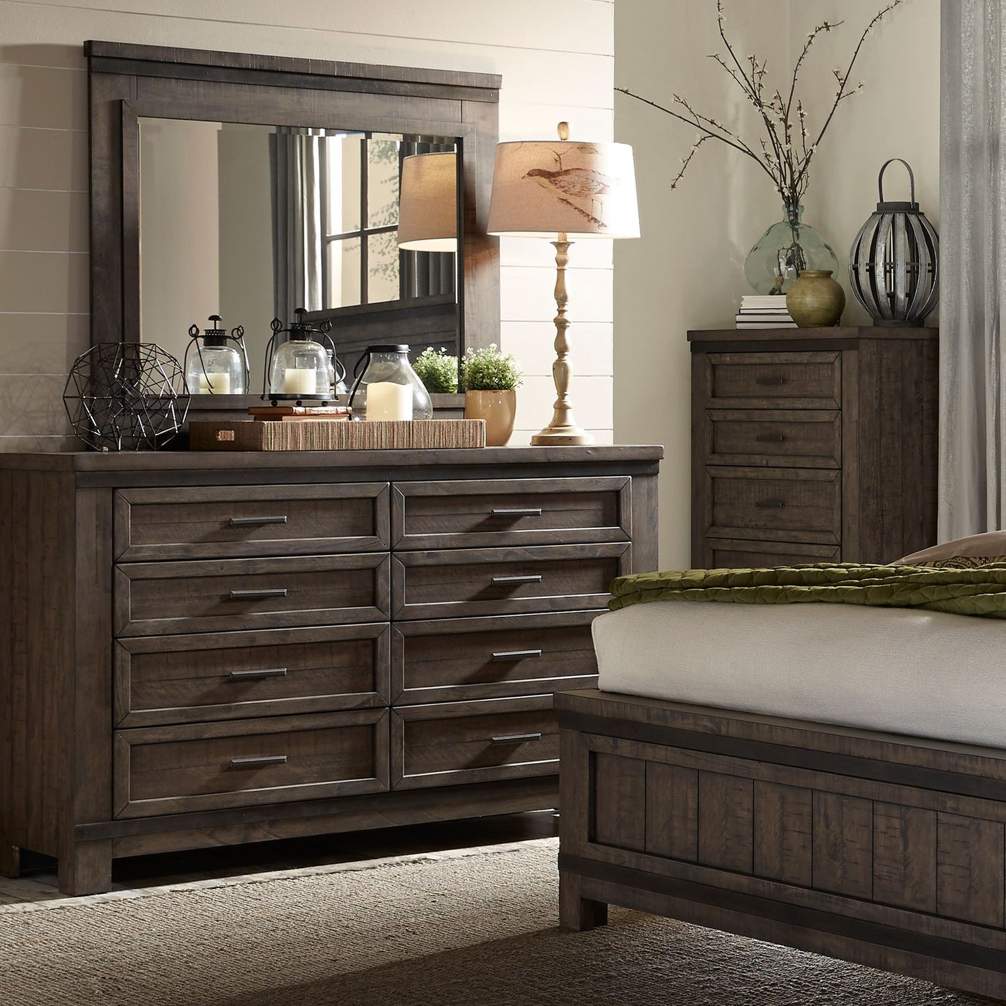 King Two Sided Storage Bed, Dresser & Mirror, Chest