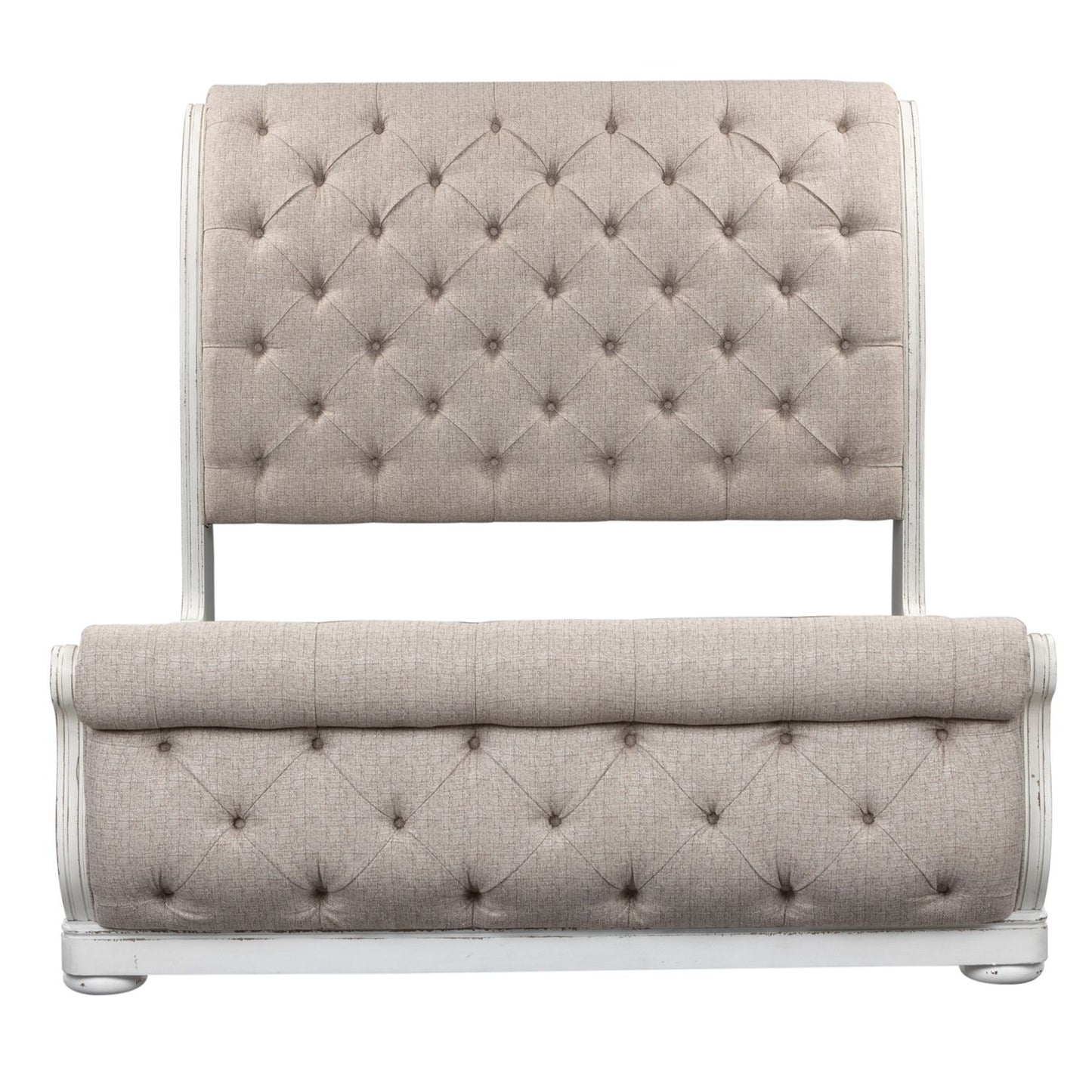 King California Upholstered Sleigh Bed, Dresser & Mirror