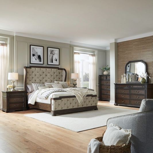 King Shelter Bed, Dresser & Mirror, Chest, Night Stand