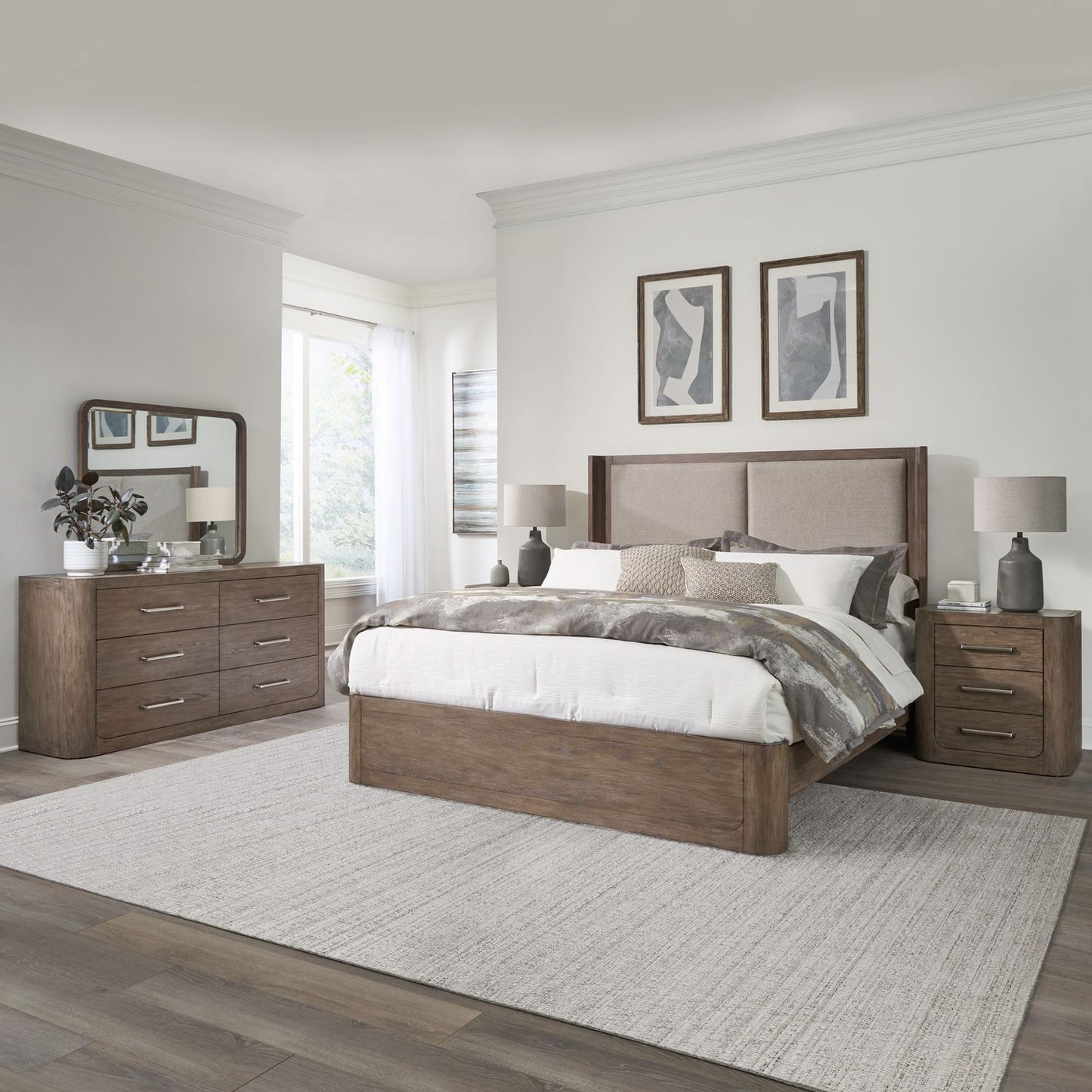 King Shelter Bed, Dresser & Mirror, Night Stand