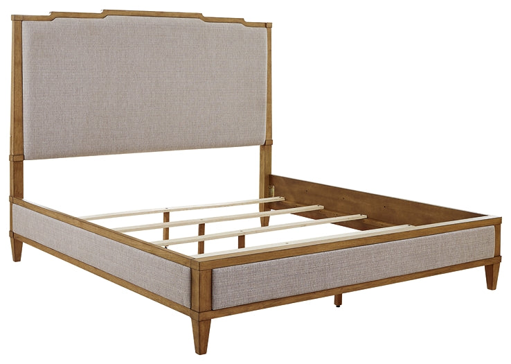 Sharlance California King Upholstered Panel Bed with Mirrored Dresser, Chest and Nightstand