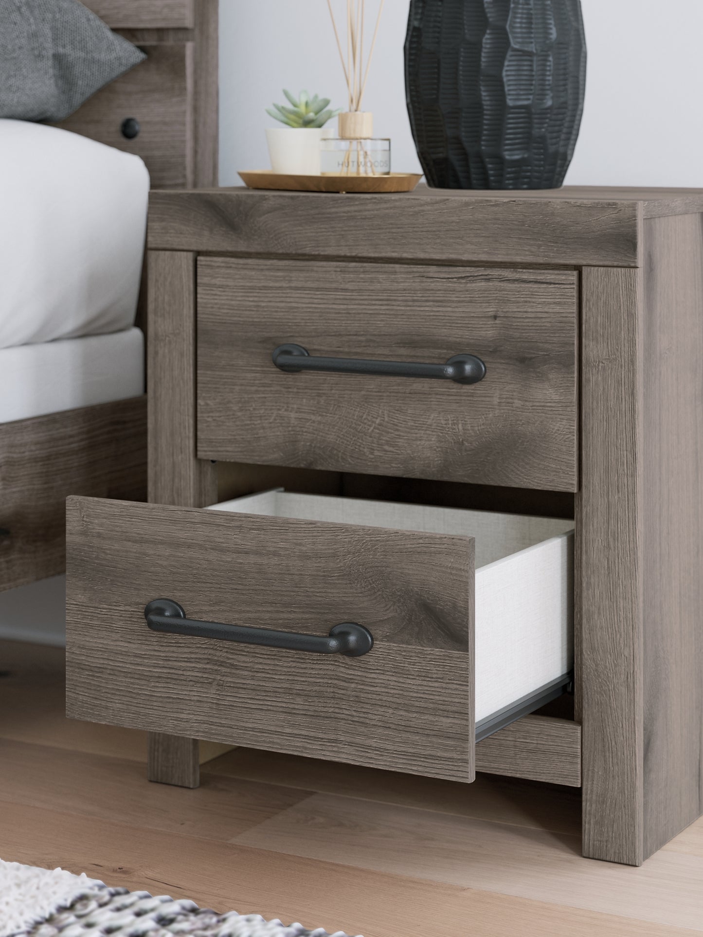 Graystorm King Panel Bed with Mirrored Dresser, Chest and Nightstand
