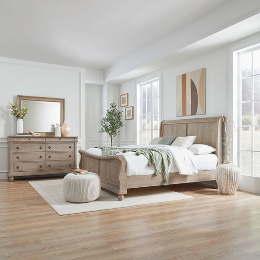 King Sleigh Bed, Dresser & Mirror